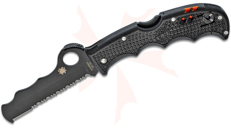 Spyderco Assist Rescue Folding Knife 3-11/16 inch VG10 Black Combo Blade, Black FRN Handles, Whistle, Retractable Window Breaker