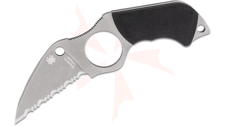 Spyderco Sal Glesser Swick 5 Large Hole Fixed Blade Neck Knife 2.73 inch LC200N Wharncliffe Serrated Blade, Black G10 Handles, Boltaron Sheath with G-Clip