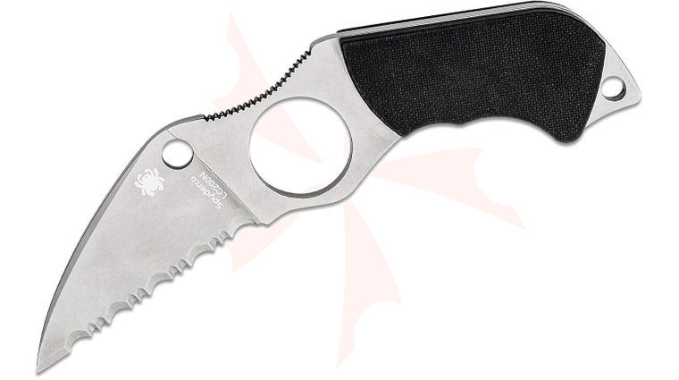 Spyderco Sal Glesser Swick 6 Small Hole Fixed Blade Neck Knife 2.73 inch LC200N Wharncliffe Serrated Blade, Black G10 Handles, Boltaron Sheath with G-Clip