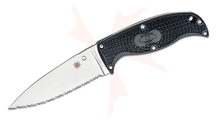 Spyderco Enuff 2 Fixed Blade Knife 3.93 inch VG10 Leaf Shaped Serrated Blade, Black FRN Handles, Polymer Sheath
