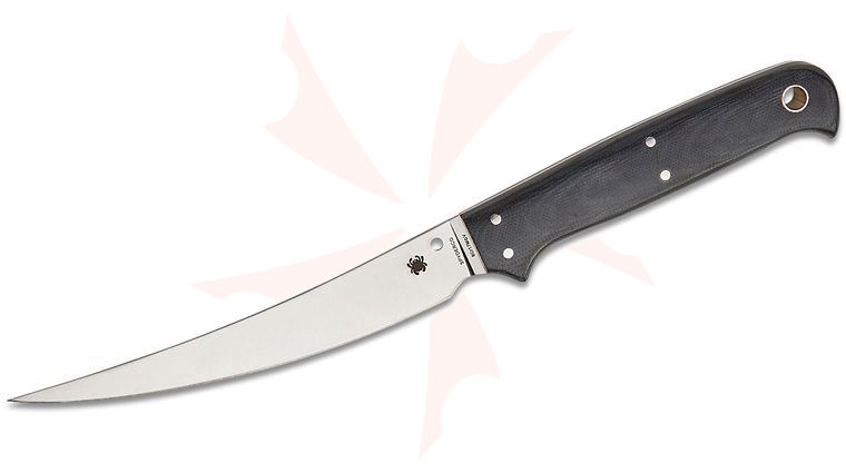 Spyderco Phil Wilson Shelter Cove Fixed Blade Knife 5.78 inch 8Cr17MoV Satin Trailing Point Blade, Contoured Black G10 Handles, Leather Sheath