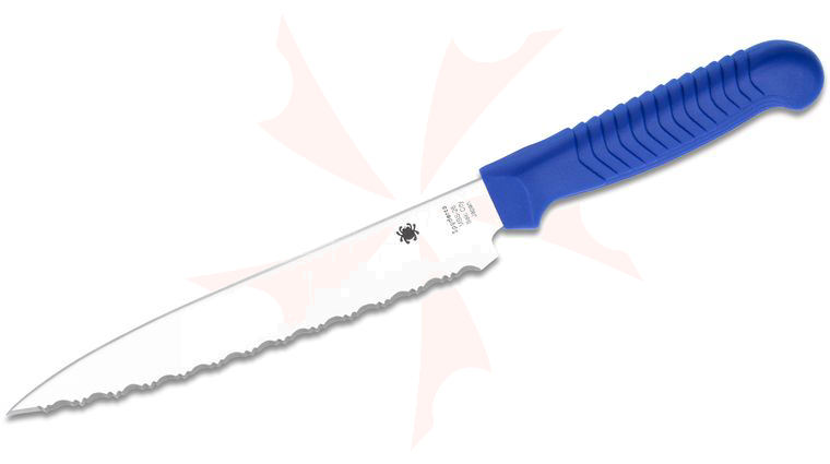 Spyderco Kitchen Utility Knife 6.5 inch Serrated Blade, Blue Polypropylene Handle.