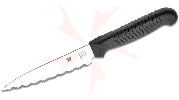 Spyderco Kitchen Utility Knife 4.5 inch Serrated Blade, Black Polypropylene Handle