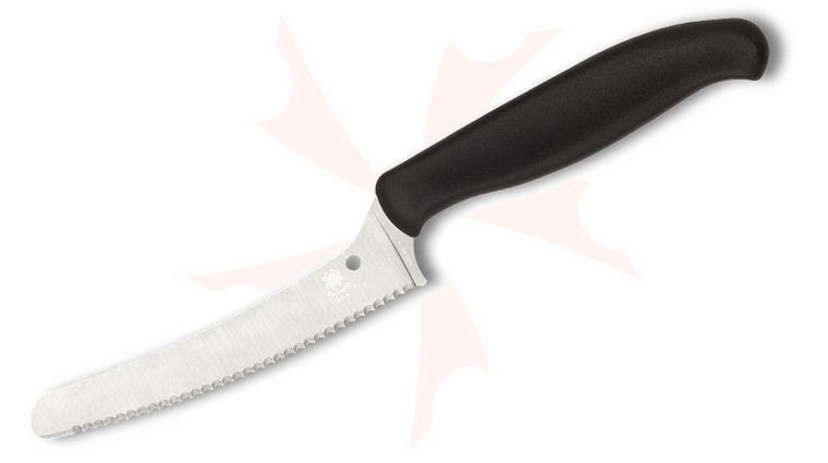Spyderco Z-Cut Offset Kitchen Knife 4.32 inch CTS-BD1N Blunt Tip Serrated Blade, Black Polypropylene Handle