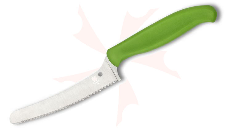 Spyderco Z-Cut Offset Kitchen Knife 4.32 inch CTS-BD1N Blunt Tip Serrated Blade, Green Polypropylene Handle
