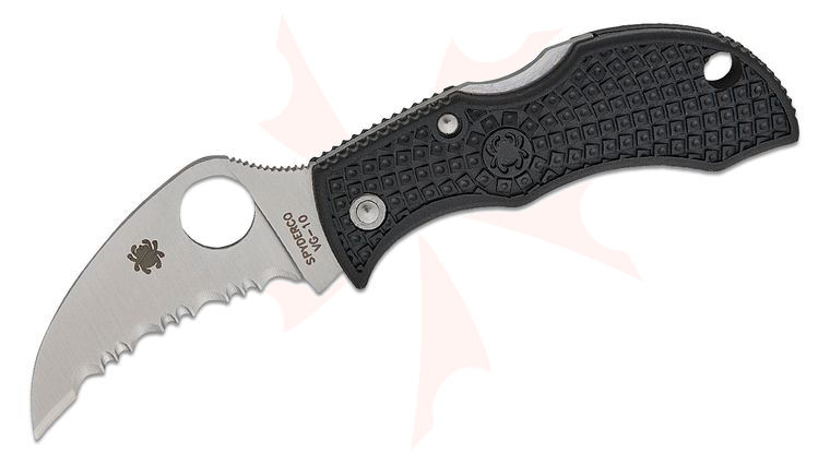 Spyderco Manbug Lockback Folding Knife 1.84 inch VG10 Satin Hawkbill Serrated Blade, Black FRN Handles