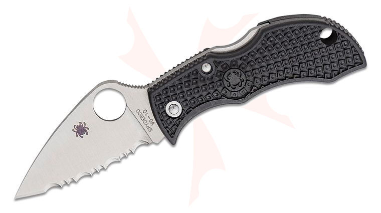 Spyderco Manbug Folding Knife 1.9 inch VG10 Satin Leaf Shaped Serrated Blade, Black FRN Handles