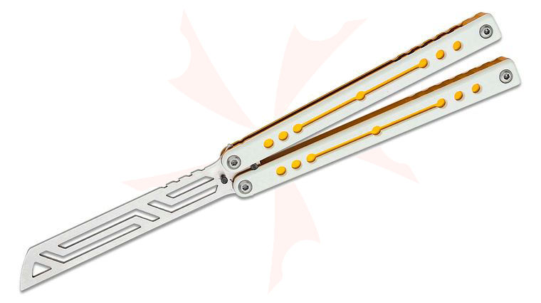 Squid Industries Winter Nautilus V2 Balisong Butterfly Trainer 5.05 inch Unsharpened Stainless Steel Blade, Gold Channelled Aluminum Frames with White G10 Scales