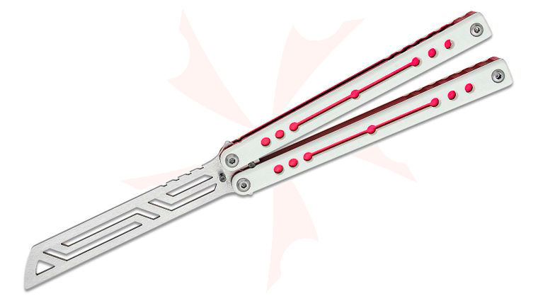 Squid Industries Winter Nautilus V2 Balisong Butterfly Trainer 5.05 inch Unsharpened Stainless Steel Blade, Red Channelled Aluminum Frames with White G10 Scales