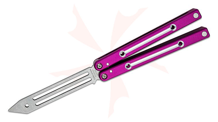 Squid Industries Dual-Tone Squidtrainer V4 Balisong Butterfly Trainer 5.2 inch Unsharpened Stainless Steel Blade, Two-Tone Purple Aluminum Handles