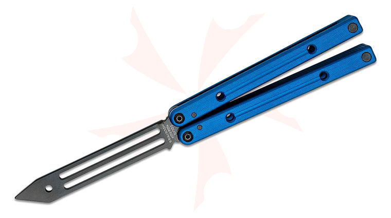 Squid Industries Inked Squidtrainer V4 Balisong Butterfly Trainer 5.2 inch Unsharpened Black DLC Stainless Steel Blade, Blue Aluminum Handles