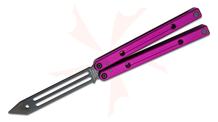 Squid Industries Inked Squidtrainer V4 Balisong Butterfly Trainer 5.2 inch Unsharpened Black DLC Stainless Steel Blade, Purple Aluminum Handles