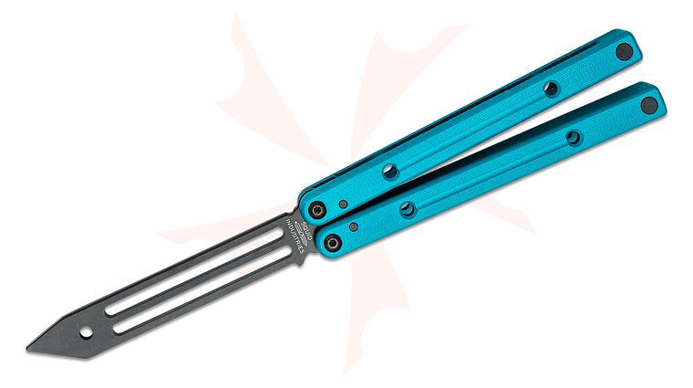 Squid Industries Inked Squidtrainer V4 Balisong Butterfly Trainer 5.2 inch Unsharpened Black DLC Stainless Steel Blade, Teal Aluminum Handles