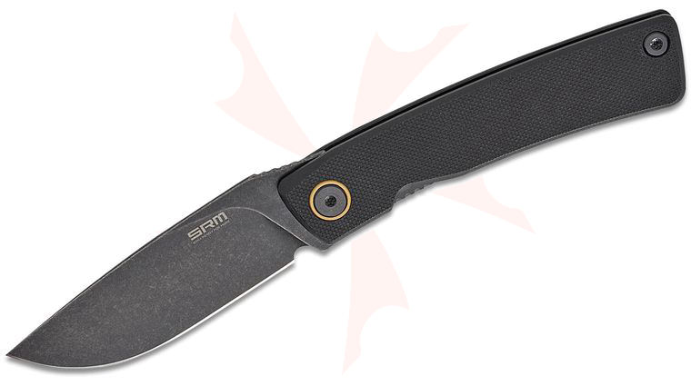 SRM Knives 105M-GB Air Lightweight Flipper Knife 2.95 inch 14C28N Black Stonewashed Drop Point Blade, Black G10 Handles