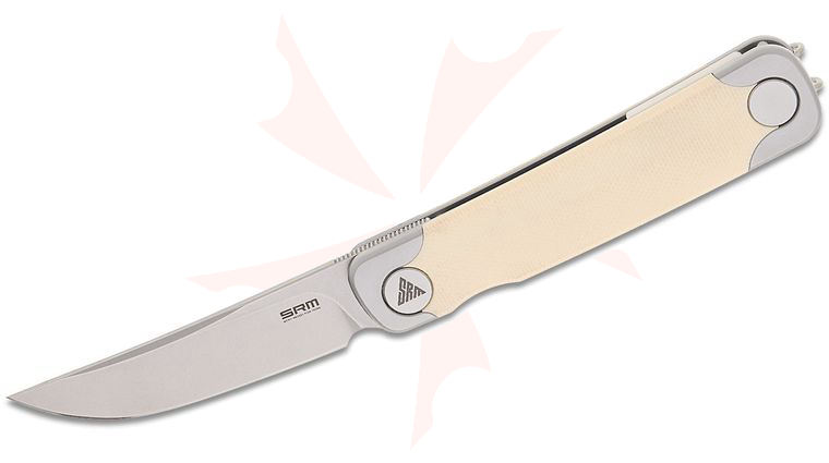 SRM Knives 131M-GT Enso Liner Lock Front Flipper Knife 2.88 inch 14C28N Bead Blasted Clip Point Blade, Ivory G10 Handles with Blasted Steel Bolsters