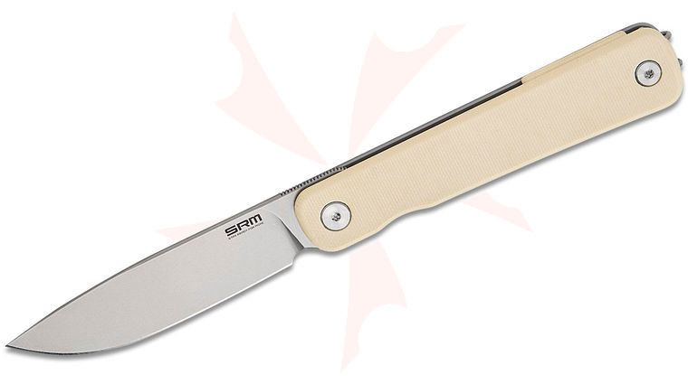 SRM Knives 135L-GT Palfrey Flipper Knife 3.27 inch 14C28N Bead Blasted Drop Point Blade, Ivory G10 and Stainless Steel Handles