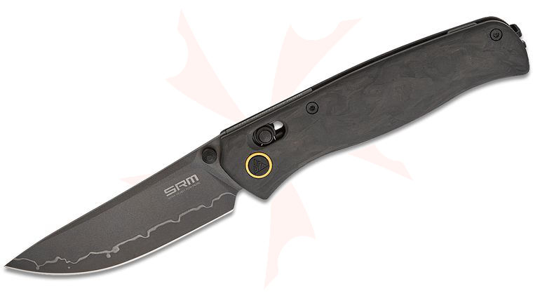 SRM Knives 255L-FB2 Ambi-Lock Folding Knife 3.2 inch Laminated 140Cr Black PVD Drop Point Blade, Shredded Carbon Fiber Handles