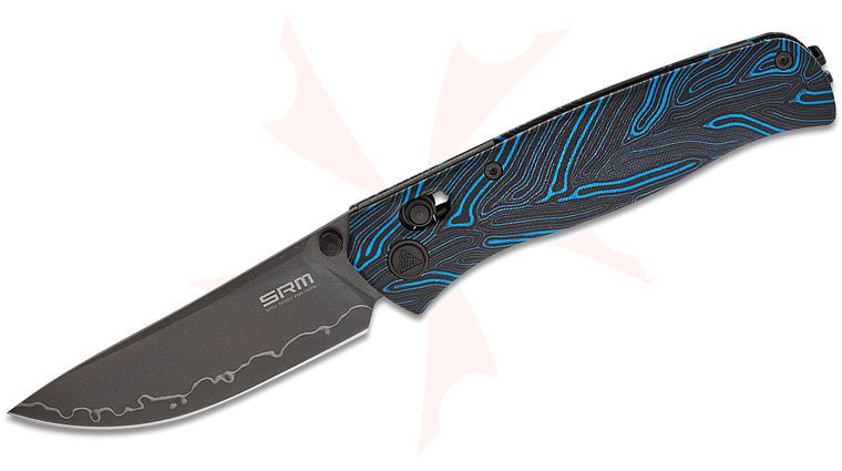SRM Knives 255L-GE2 Ambi-Lock Folding Knife 3.2 inch Laminated 140Cr Black PVD Drop Point Blade, Black/Blue G10 Handles