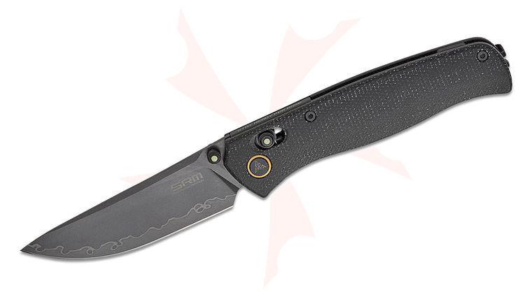 SRM Knives 255L-MB2 Ambi-Lock Folding Knife 3.2 inch Laminated 140Cr Black PVD Drop Point Blade, Black Micarta Handles, Phosphorescent Accents