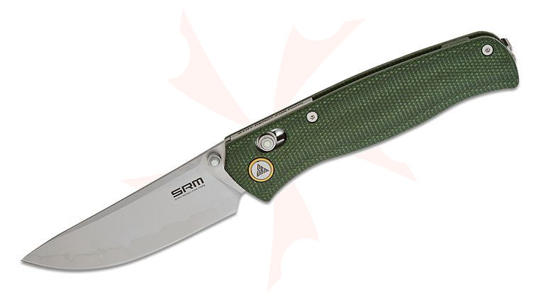 SRM Knives 255L-MG Ambi-Lock Folding Knife 3.2 inch Laminated 140Cr Bead Blast Drop Point Blade, Green Micarta Handles, Phosphorescent Accents