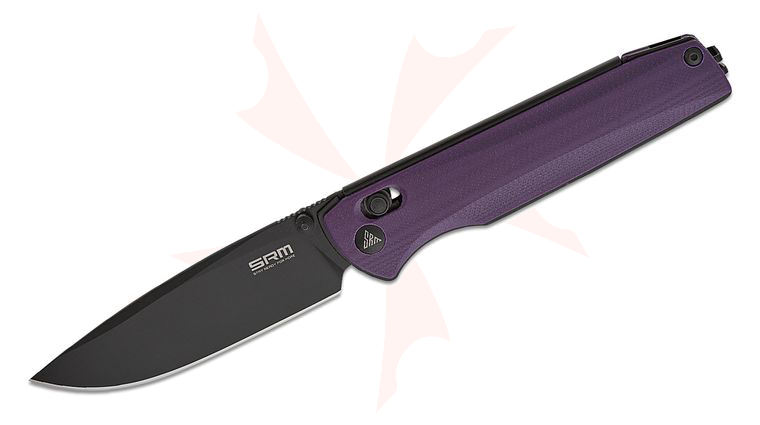 SRM Knives 258L-GN Ambi-Lock Folding Knife 3.54 inch D2 Black Titanium Drop Point Blade, Purple G10 Handles