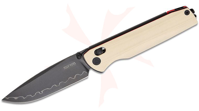 SRM Knives 258L-GT2 Terrier Ambi-Lock Folding Knife 3.54 inch Black Laminated 140Cr Drop Point Blade, White G10 Handles with Red Liners, Black Hardware
