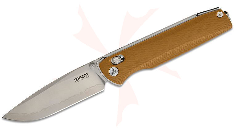 SRM Knives 258L-GW2 Terrier Ambi-Lock Folding Knife 3.54 inch Bead Blast Laminated 140Cr Drop Point Blade, Tan G10 Handles