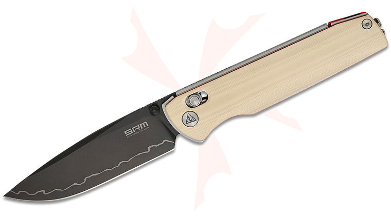 SRM Knives 258L-GX2 Terrier Ambi-Lock Folding Knife 3.54 inch Black  Laminated 140Cr Drop Point Blade, White G10 Handles with Red Liners