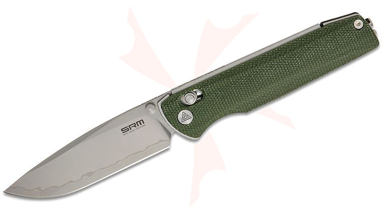 SRM Knives 258L-MG2 Terrier Ambi-Lock Folding Knife 3.54 inch Bead Blast Laminated 140Cr Drop Point Blade, Green Micarta Handles