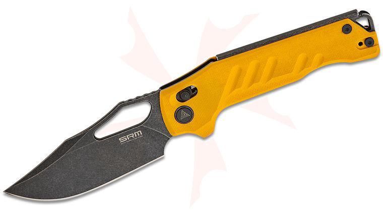 SRM Knives 238X-GY Ambi-Lock Folding Knife 3.62 inch D2 Black Stonewash Clip Point Blade, Yellow G10 Handles