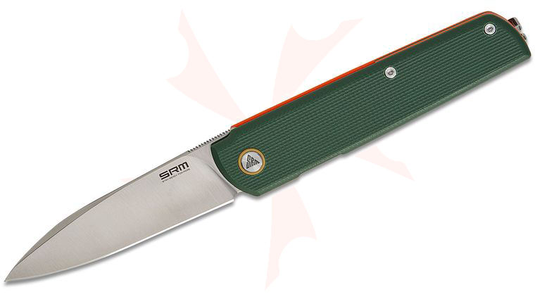SRM Knives 408L-GX Qrick Flipper Knife 3.25 inch Satin 14C28N Drop Point Blade, Green and Orange G10 Handles