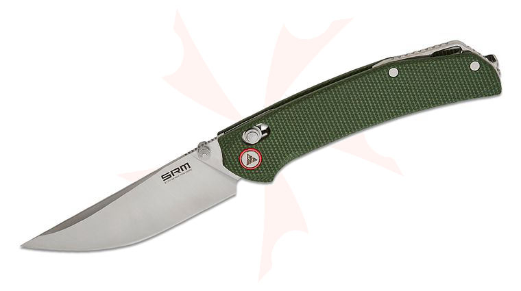 SRM Knives 411L-MG Ambi-Lock Folding Knife 3.46 inch 14C28N Satin Clip Point Blade, Green Micarta Handles