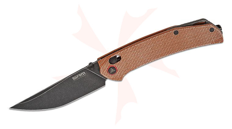 SRM Knives 411L-MN Ambi-Lock Folding Knife 3.46 inch 14C28N Black Stonewash Clip Point Blade, Brown Micarta Handles