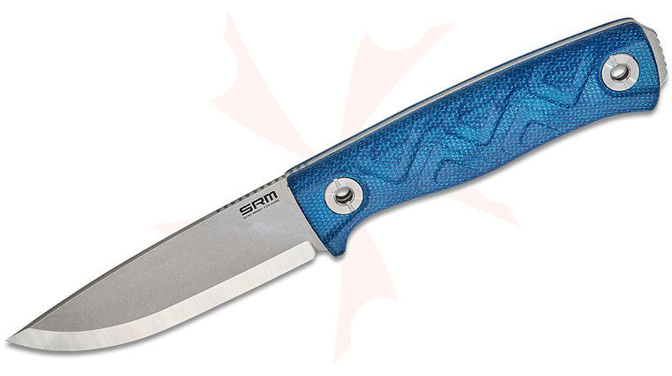 SRM Knives 702T-ME Fixed Blade Knife 3.89 inch 14C28N Stonewashed Scandi Ground Drop Point Blade, Blue Micarta Handles