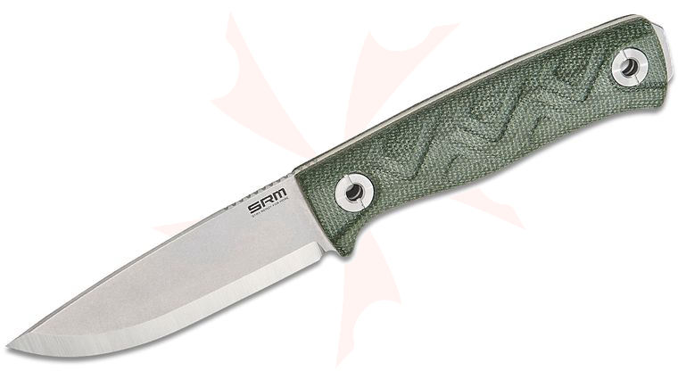 SRM Knives 702T-MP Fixed Blade Knife 3.89 inch 14C28N Stonewashed Scandi Ground Drop Point Blade, Green Micarta Handles