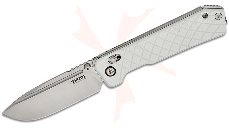 SRM Knives 7228B-GT Large Rubik Ambi-Lock Folding Knife 3.4 inch Satin Drop Point Blade, White G10 Handles