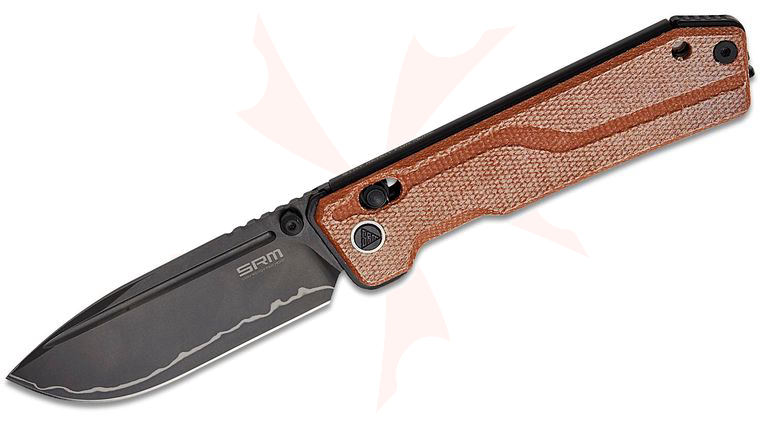 SRM Knives 7228B-MN2 Large Rubik Ambi-Lock Folding Knife 3.43 inch Laminated 140Cr Black Drop Point Blade, Brown Micarta Handles