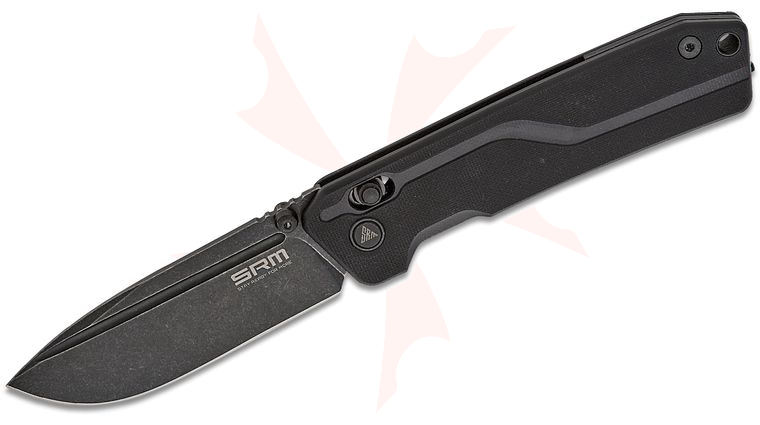 SRM Knives 7228L-GB Large Rubik Ambi-Lock Folding Knife 3.4 inch 10Cr15CoMoV Black Stonewash Drop Point Blade, Black G10 Handles