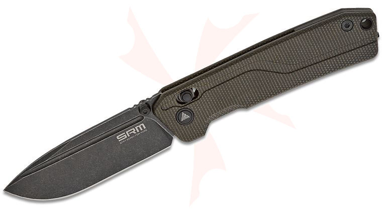 SRM Knives 7228L-MB2 Large Rubik Ambi-Lock Folding Knife 3.4 inch 10Cr15CoMoV Black Stonewash Drop Point Blade, Black Micarta Handles