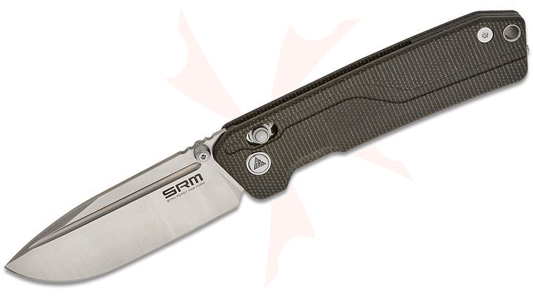 SRM Knives 7228L-MB2 Large Rubik Ambi-Lock Folding Knife 3.4 inch 10Cr15CoMoV Satin Drop Point Blade, Black Micarta Handles