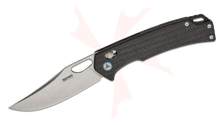 SRM Knives 9203-MB Ambi-Lock Folding Knife 3.54 inch 10Cr15CoMoV Satin Clip Point Blade, Black Micarta Handles