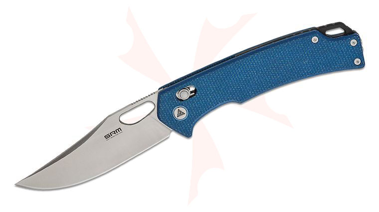 SRM Knives 9203-ME Ambi-Lock Folding Knife 3.54 inch 10Cr15CoMoV Satin Clip Point Blade, Blue Micarta Handles