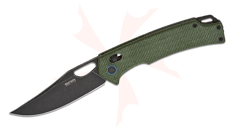SRM Knives 9203-MG2 Ambi-Lock Folding Knife 3.54 inch 10Cr15CoMoV Black Stonewashed Clip Point Blade, Green Micarta Handles