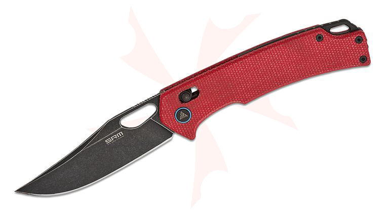 SRM Knives 9203-MG2 Ambi-Lock Folding Knife 3.54 inch 10Cr15CoMoV Black Stonewashed Clip Point Blade, Red Micarta Handles