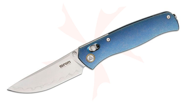 SRM Knives 255L-TE2 Ambi-Lock Folding Knife 3.2 inch Laminated 140Cr Bead Blast Drop Point Blade, Blue Stonewashed Titanium Handles