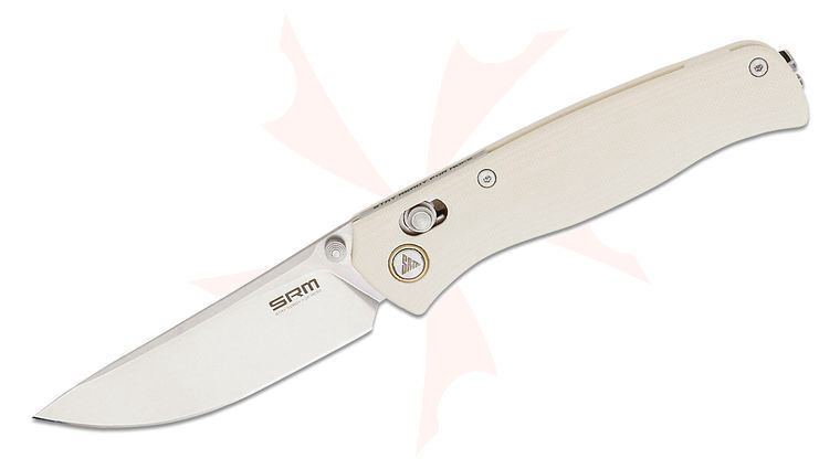 SRM Knives 255L-GT Ambi-Lock Folding Knife 3.2 inch 10Cr15CoMoV Stonewashed Drop Point Blade, White G10 Handles