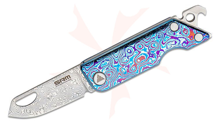 SRM Knives 6435-TL Slipjoint Folding Multi-Function Pocket Knife 1.61 inch Damascus Blade, Damascus Pattern Titanium Handles