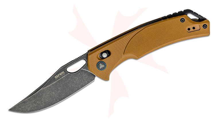 SRM Knives 9201-GW Folding Knife 3.54 inch D2 Black Stonewashed Clip Point Blade, Brown G10 Handles