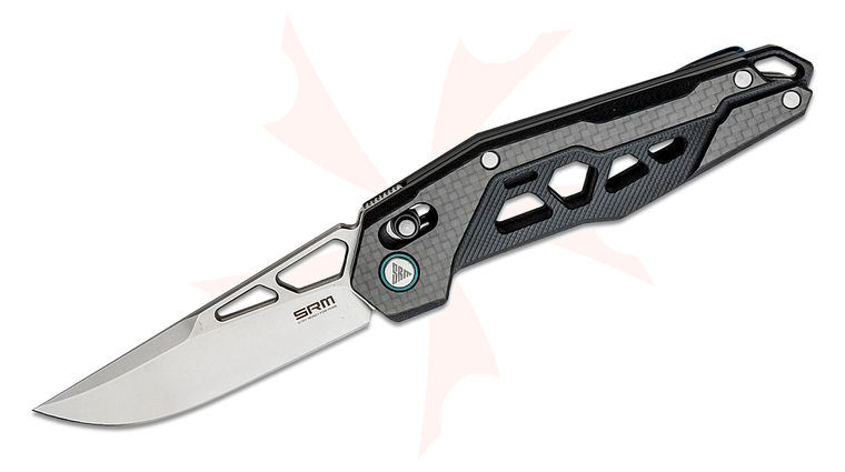 SRM Knives 9225-KB Mecha Front Flipper Knife 3.27 inch Bead Blast Drop Point Blade, Carbon Fiber and Black G10 Handles