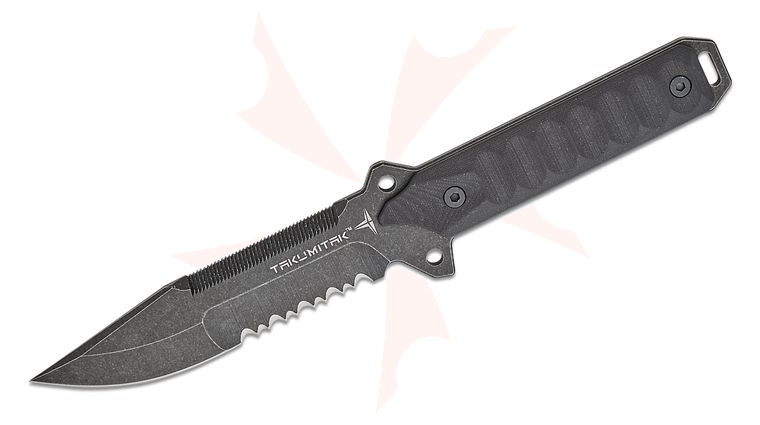 Takumitak Knives Escort Fixed Blade Knife 5.5 inch D2 Black TiNi Stonewashed Sawback Clip Point Combo Blade, Milled Black G10 Handles, Kydex Sheath